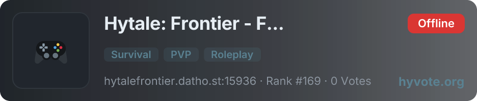 Hytale: Frontier - Full Survival / RPG / Quests / Shops / SkyBlock / Factions — live Hytale server banner