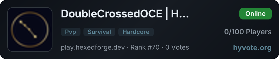 DoubleCrossedOCE | Hardcore 3-life Survival | Sleeping Bodies | No Claims | AU/NZ/OCE — live Hytale server banner