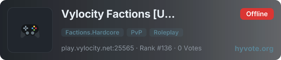 Vylocity Factions [US] Early Access — live Hytale server banner